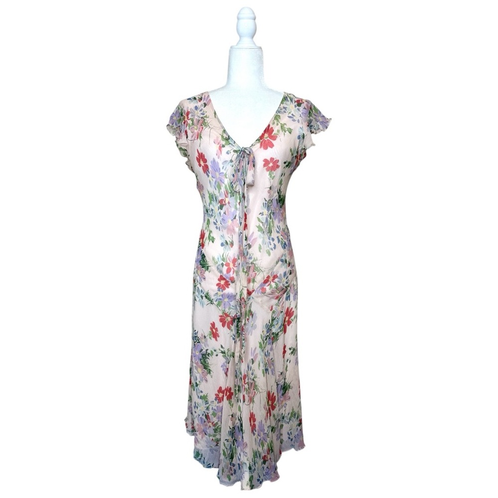 Polo by Ralph Lauren Floral Midi Dress in Blush Pink with Red & Green Accents